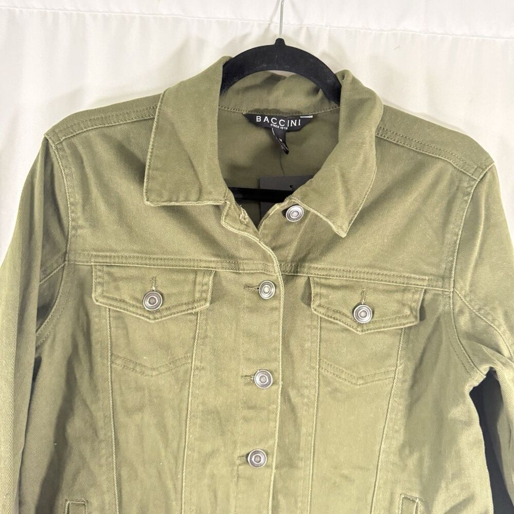 New Baccini Twill Jacket Women's Medium Green Fringe Hem Button Up Long Sleeve - Picture 2 of 11